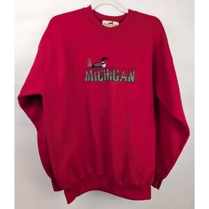 Vintage 90s Michigan Loon Embroidered Sweatshirt Mens XL Red Graphic Retro Lake